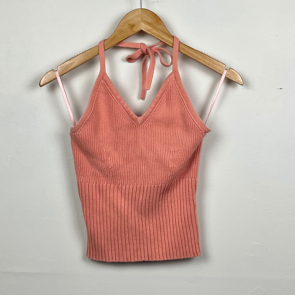 Blue Asphalt Womens Coral Pink Ribbed Knit Halter Top V-Neck Cotton Size S M Y2K